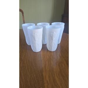 Vintage Milk Glass Tumbler Glasses Set Of 5 White Paneled Grape Grapevine Decor